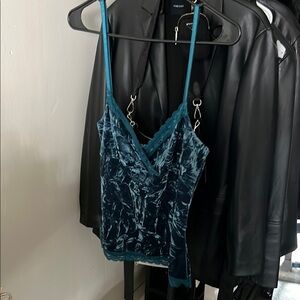 Women’s Teal Crushed Velvet & Lace Cami Top Y2K Whimsygoth Witchy